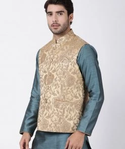 Vastramay Men's Beige Cotton Silk Blend Ethnic Jacket