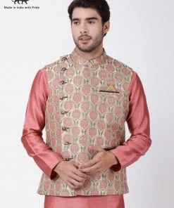 Vastramay Men's Beige Cotton Silk Blend Ethnic Jacket