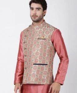 Vastramay Men's Beige Cotton Silk Blend Ethnic Jacket