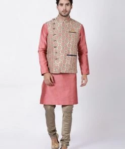 Vastramay Men's Beige Cotton Silk Blend Ethnic Jacket