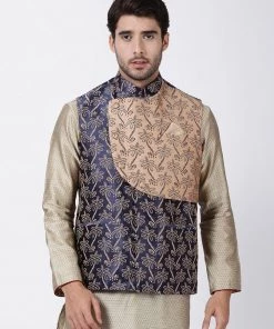 Vastramay Men's Dark Blue Cotton Silk Blend Ethnic Jacket