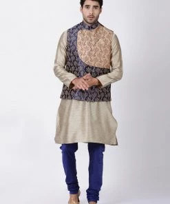 Vastramay Men's Dark Blue Cotton Silk Blend Ethnic Jacket