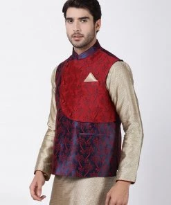 Vastramay Men's Dark Blue And Maroon Cotton Silk Blend Ethnic Jacket