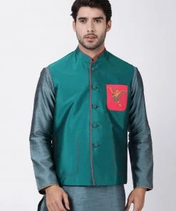 VASTRAMAY Men's Green Cotton Silk Blend Ethnic Jacket