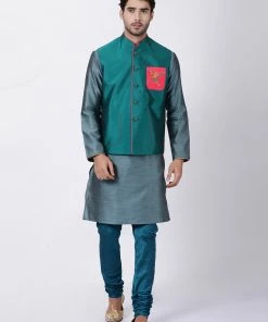 VASTRAMAY Men's Green Cotton Silk Blend Ethnic Jacket