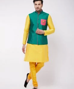 VASTRAMAY Men's Yellow Silk Blend Kurta And Pyjama With Green Embroidered Nehru Jacket