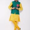 VASTRAMAY Men's Yellow Silk Blend Kurta And Pyjama With Green Embroidered Nehru Jacket