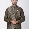 Vastramay Men's Black And Golden Cotton Silk Blend Ethnic Jacket 2 Vastramay Men's Black And Golden Cotton Silk Blend Ethnic Jacket