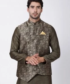 Vastramay Men's Black And Golden Cotton Silk Blend Ethnic Jacket