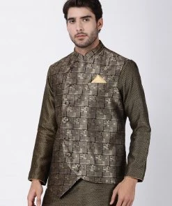 Vastramay Men's Black And Golden Cotton Silk Blend Ethnic Jacket