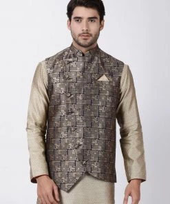 Vastramay Men's Blue Cotton Silk Blend Ethnic Jacket