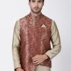Vastramay Men's Maroon Cotton Silk Blend Ethnic Jacket