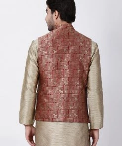 Vastramay Men's Maroon Cotton Silk Blend Ethnic Jacket