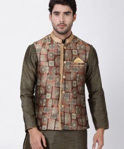 Vastramay Men's Brown Cotton Silk Blend Ethnic Jacket