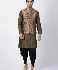 Vastramay Men's Brown Cotton Silk Blend Ethnic Jacket