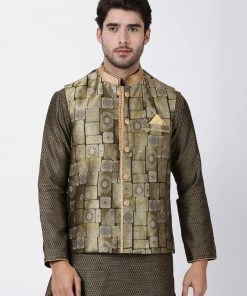 Vastramay Men's Gold Cotton Silk Blend Ethnic Jacket