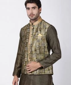 Vastramay Men's Gold Cotton Silk Blend Ethnic Jacket