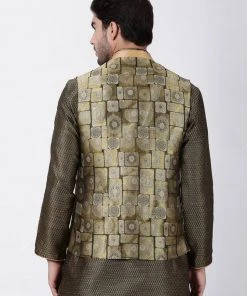 Vastramay Men's Gold Cotton Silk Blend Ethnic Jacket