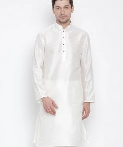 VASTRAMAY Men's Cream Cotton Silk Blend Kurta