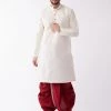 VASTRAMAY Men's Cream And Maroon Silk Blend Kurta And Dhoti Set