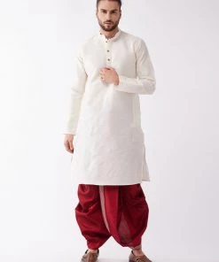 VASTRAMAY Men's Cream And Maroon Silk Blend Kurta And Dhoti Set