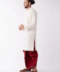 VASTRAMAY Men's Cream And Maroon Silk Blend Kurta And Dhoti Set
