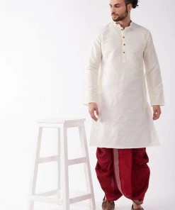 VASTRAMAY Men's Cream And Maroon Silk Blend Kurta And Dhoti Set 14 VASTRAMAY Men's Cream And Maroon Silk Blend Kurta And Dhoti Set
