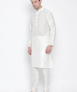 Vastramay Men's White Cotton Silk Blend Kurta And Pyjama Set