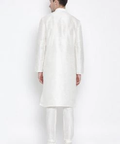Vastramay Men's White Cotton Silk Blend Kurta And Pyjama Set