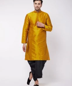 Dhoti Kurta Sets VASTRAMAY Men's Mustard And Black Silk Blend Dhoti Kurta Set