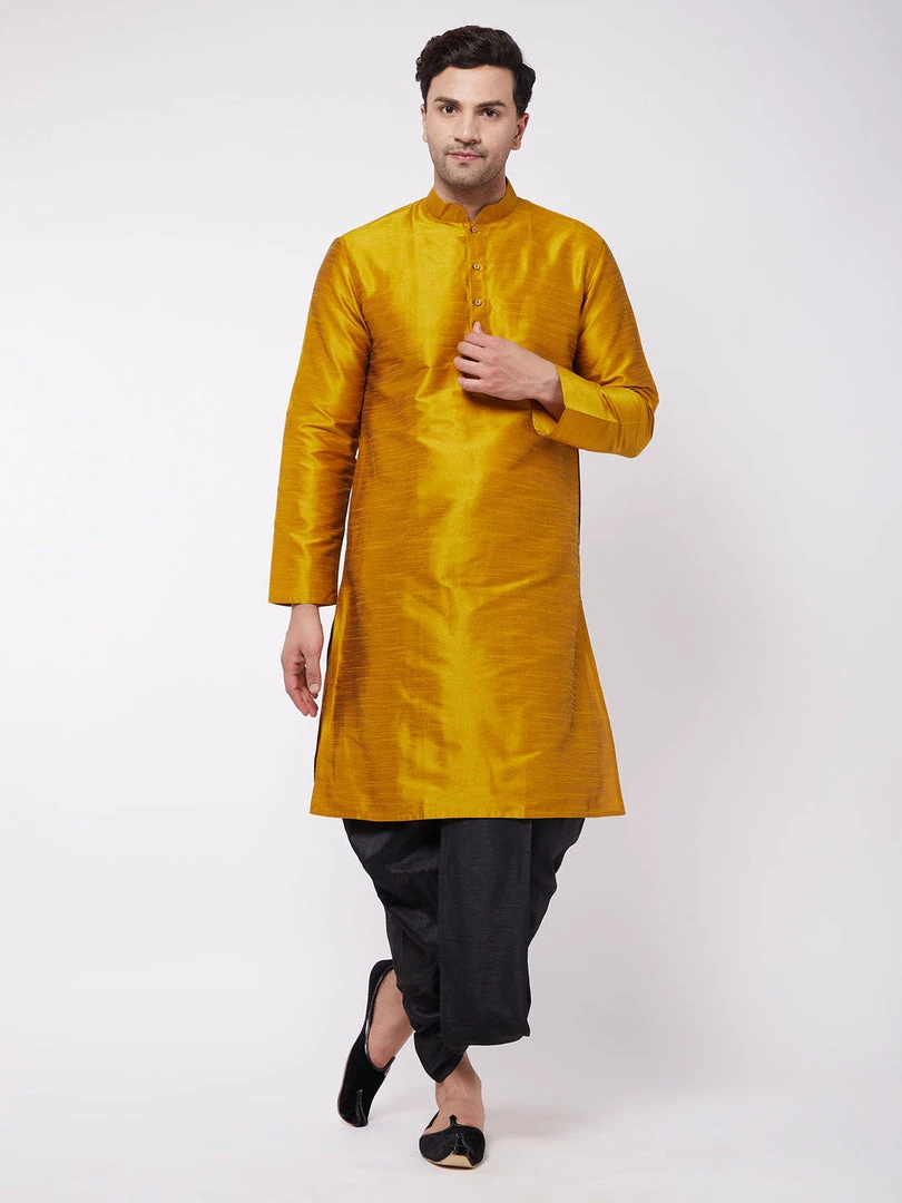 Dhoti Kurta Sets VASTRAMAY Men's Mustard And Black Silk Blend Dhoti Kurta Set 4 Dhoti Kurta Sets VASTRAMAY Men's Mustard And Black Silk Blend Dhoti Kurta Set