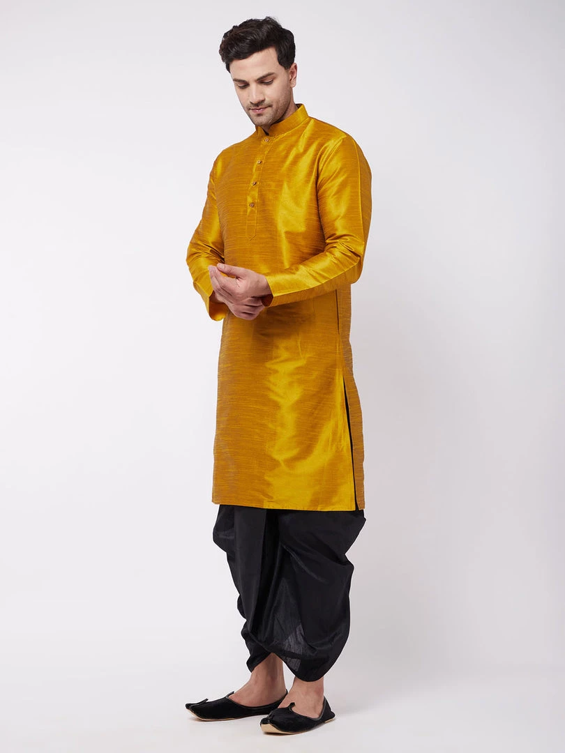 Dhoti Kurta Sets VASTRAMAY Men's Mustard And Black Silk Blend Dhoti Kurta Set 5 Dhoti Kurta Sets VASTRAMAY Men's Mustard And Black Silk Blend Dhoti Kurta Set