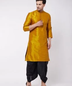 Dhoti Kurta Sets VASTRAMAY Men's Mustard And Black Silk Blend Dhoti Kurta Set