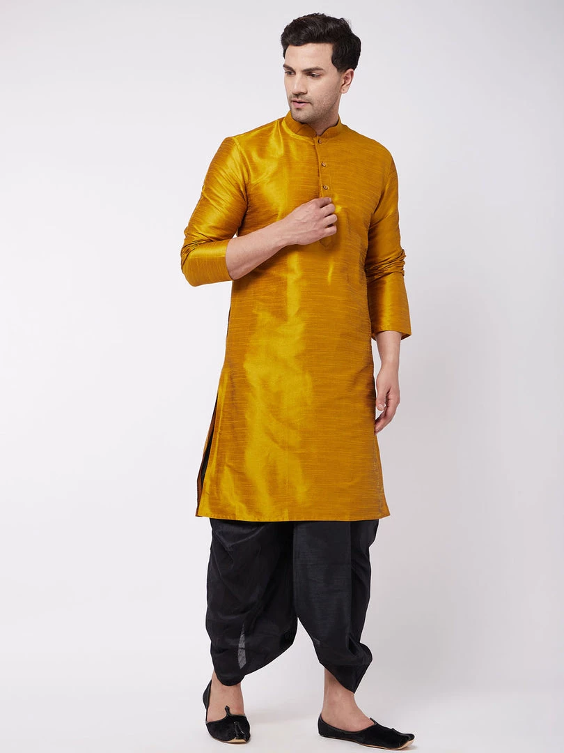 Dhoti Kurta Sets VASTRAMAY Men's Mustard And Black Silk Blend Dhoti Kurta Set 3 Dhoti Kurta Sets VASTRAMAY Men's Mustard And Black Silk Blend Dhoti Kurta Set
