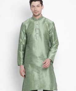 Vastramay Men's Light Green Cotton Silk Blend Kurta