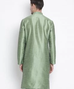 Vastramay Men's Light Green Cotton Silk Blend Kurta