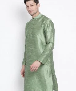 Vastramay Men's Light Green Cotton Silk Blend Kurta