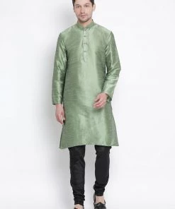 Vastramay Men's Light Green Cotton Silk Blend Kurta And Pyjama Set