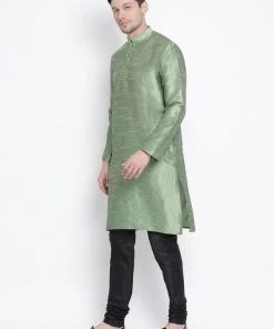 Vastramay Men's Light Green Cotton Silk Blend Kurta And Pyjama Set