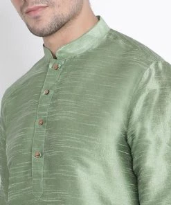 Vastramay Men's Light Green Cotton Silk Blend Kurta And Pyjama Set