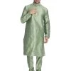 Vastramay Men's Light Green Cotton Silk Blend Kurta And Pyjama Set 1 Vastramay Men's Light Green Cotton Silk Blend Kurta And Pyjama Set