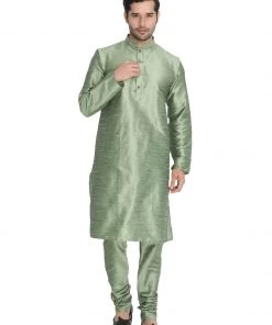 Vastramay Men's Light Green Cotton Silk Blend Kurta And Pyjama Set