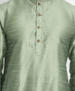 Vastramay Men's Light Green Cotton Silk Blend Kurta And Pyjama Set