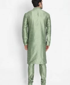 Vastramay Men's Light Green Cotton Silk Blend Kurta And Pyjama Set