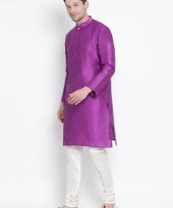 Vastramay Men's Purple Cotton Silk Blend Kurta And Pyjama Set