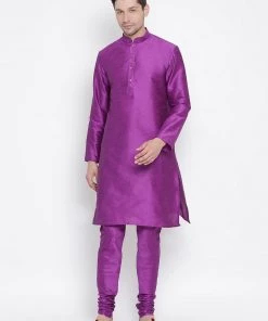 Vastramay Men's Purple Cotton Silk Blend Kurta And Pyjama Set
