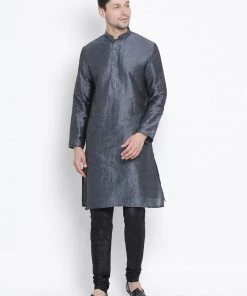Vastramay Men's Grey Cotton Silk Blend Kurta And Pyjama Set