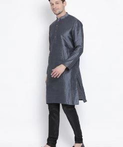 Vastramay Men's Grey Cotton Silk Blend Kurta And Pyjama Set