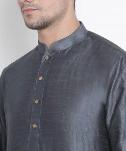 Vastramay Men's Grey Cotton Silk Blend Kurta And Pyjama Set