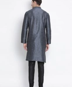 Vastramay Men's Grey Cotton Silk Blend Kurta And Pyjama Set